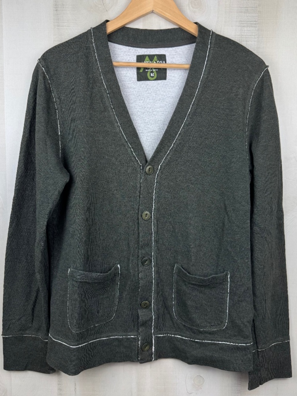 Martin + Osa Men’s Cardigan Sweater Forest Green White Contrast Raw Edge Medium